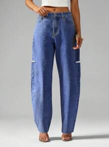 MISSGUIDED 高腰阔腿牛仔桶形牛仔裤破洞毛边休闲街头风秋冬 - 藍色 - 查看 3