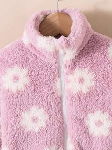SHEIN Young Girl Young Girl Young Girl Colorful Flower Pattern Stand Collar Long Sleeve Zip Up Mock Neck Thermal Teddy Jacket , Fleece Cardigan ,Warm & Comfortable ,Great For Casual & Daily Wear & School Daily In Autumn & Winter,For Christmas ,Pink Fall - Purple - View 4