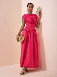 Zivah 2025 Spring/Summer New Plus Size Women Elegant Commute/Beach Vacation/Date/Party/Music Festival Co-Ord Solid Rose Red Round Neck Sleeveless Waist Splicing Pointed A-Line Ruched Maxi Dress - B Pink Long Dress Hot Pink Dress Solid Color Dress - Hot Pink - View 6