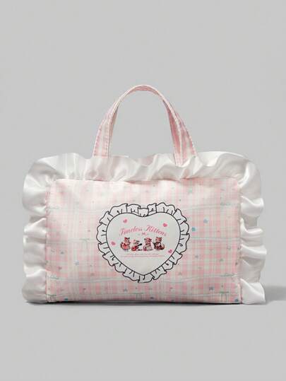 Kawaii Cute & Sweet White Lace Cat Band Pattern Large Capacity Portable Cosmetic Bag 848303