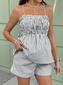 SHEIN Maternity Blue And White Striped Pleated Striped Spaghetti Strap Tank Top And Adjustable Waist Shorts Set, Summer Women's Summer Clothing Maternity Two Pieces Set, Casual Vacation