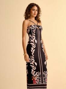 CAJUNI Vacation Casual Tropical Print Black Halter Tie Waist Maxi Bodycon Dress For Women - Black - View 4