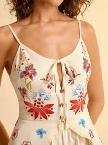 CAJUNI Vacation Casual Colorful Floral & Bird Print Tie-Up Ruffle Hem Women Tank Top - Multicolor - View 7