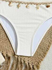 SHEIN Tween Girls' Swimsuit Set, Apricot Minimalist Striped Flower Pattern, Beach Vacation Party, Spring/Summer Young Girls Sets Bathing Suit Set Beach Girl Clothes Sets Girls For Summer Summer Holiday - Apricot - View 5