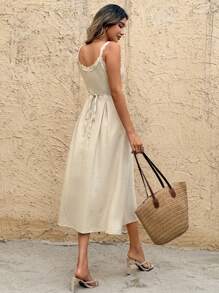 SHEIN Frenchy Women's Solid Color Contrast Lace Single-Breasted Maxi Slip Dress Summer Casual - Apricot - View 2