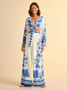 CAJUNI Women's Casual Retro Printed Blue And Beige Loose Wide-Leg Pants For Vacation - Multicolor - View 4