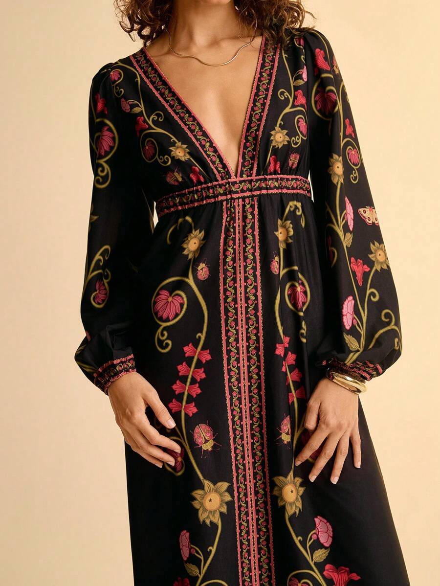 CAJUNI 女式波西米亚复古热带花卉印花泡泡长袖 V 领超长连衣裙，黑色 - 彩色 - 查看 1