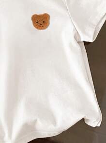Baby Boy Casual Cute Bear Embroidered Patch Cartoon Short Sleeve Crew Neck Top, Suitable For Summer - White - View 5