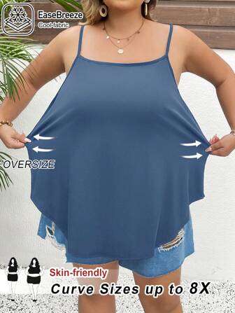SHEIN CURVE+ 大码女式纯色凉爽面料露背背心夏季/乡村/海滩度假装/沙滩装/沙滩装