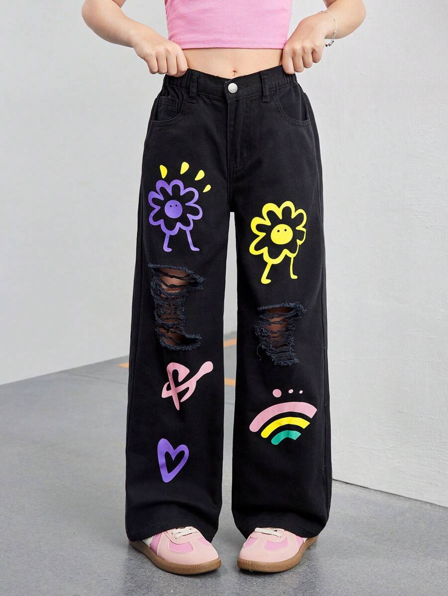 Tween Girls Casual Fashion Colorful Flower & Heart Print Mid Waist Loose Straight Leg Ripped Distressed Jeans, Stylish & Cool Street Style