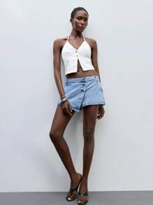 Maija Top en jean décontracté sans dos femme avec bretelle en couleur unie