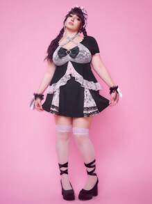 ROMWE J-Fashion Shibuya Girl Y2K 风格蕾丝拼布加大码 T 恤 - 黑色 - 查看 7
