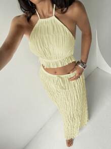 Aloruh 女士优雅浪漫约会度假海边度假海滩白色套装纯色褶皱露背短款吊带上衣和长裙夏季度假罩衫