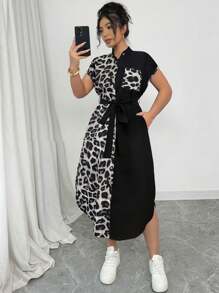 Elenzga Gaun Wanita Ukuran Besar Elegan Motif Leopard dengan Kerah Kemeja, Lengan Raglan, Pita Ikat Sendiri, dan Kancing Kayu, Desain Kasual Serbaguna untuk Klub Musim Semi/Panas - MultiWarna - View 4
