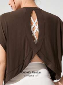 GLOWMODE Modal Oversized Short Sleeve Tee With Keyhole Back Low Impact Yoga Daily Casual - Chocolate Brown - View 3
