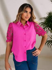 Xyvia Fashionable Casual Patchwork Ruffle Lantern Sleeve Design Women Blouse - Hot Pink - View 3