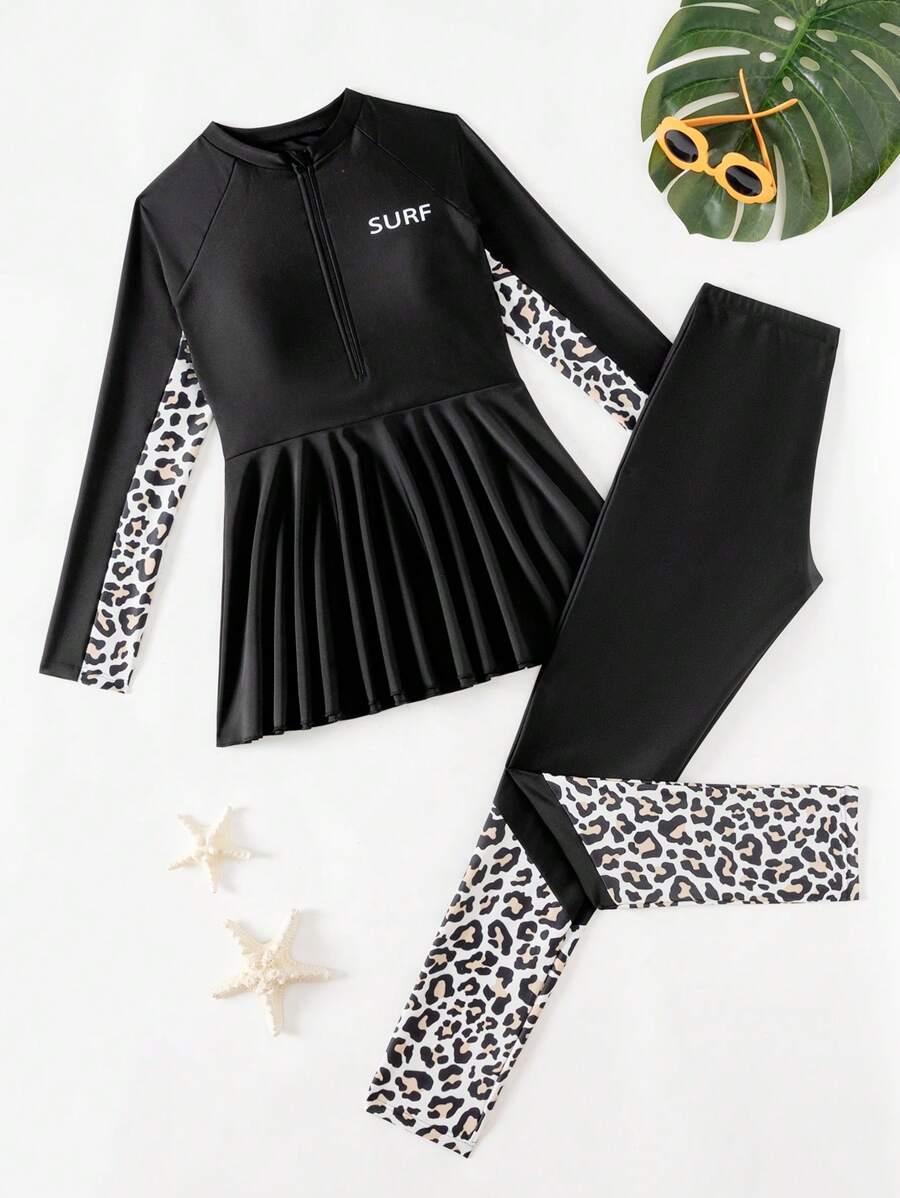 SHEIN Tween Girls Leopard Print Raglan Sleeve Tankini Swimsuit Set With Pants, Casual Vacation Outfit - Black - View 1