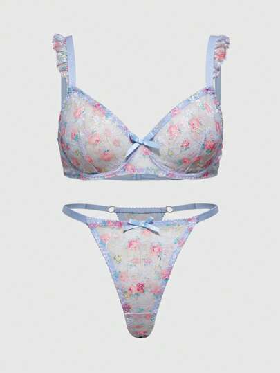 Kawaii Romantic Floral Bra Set With Underwire, Vintage Style