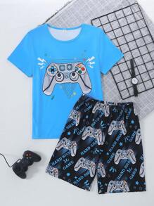 Conjunto de pijama con estampado de consola de juegos para adolescentes varones, material suave de seda de leche, top azul y pantalones cortos, ropa casual para el hogar