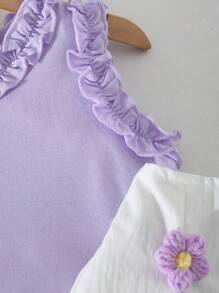 Genkimix Kids 2pcs/Set Toddler Girls' Cute & Elegant Purple Ruffled Trim Knit Camisole Top With Woven Shorts, Casual Spring/Summer Outfit For Party, Wedding, Vacation Girl Summer Clothes Set Sets For Girls Clothes Summer Outfits For Girls Clothes Set Girls Summer Clothes Sets - Purple - View 4