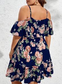 SHEIN VCAY Váy hở vai in hoa cỡ lớn - Màu xanh hải quân - Xem 2