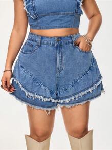 SHEIN ICON Quần short denim xanh nhạt rộng rãi thoải mái cho nữ cỡ lớn - Rửa nhẹ - Xem 5