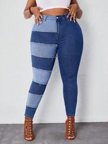 SHEIN SXY Plus Size Women Patchwork Denim Skinny Jeans Summers For Women Festivals Cowboy Jeans - Blue - View 6