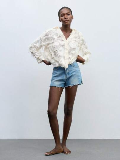 Maija 女士流苏毛边扭结装饰上衣，休闲日常百搭现代都市风，舒适柔软，适合节日、聚会、秋季外出、圣诞派对、秋季白色上衣、圣诞睡衣、家庭沙滩派对上衣