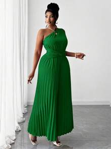 Maweii Women's Plus Size Solid Color Elegant Fabric Pleated Asymmetrical One Shoulder Design Versatile Jumpsuit, Spring/Summer New Arrival For Party, Concert, Wedding - Green - View 4