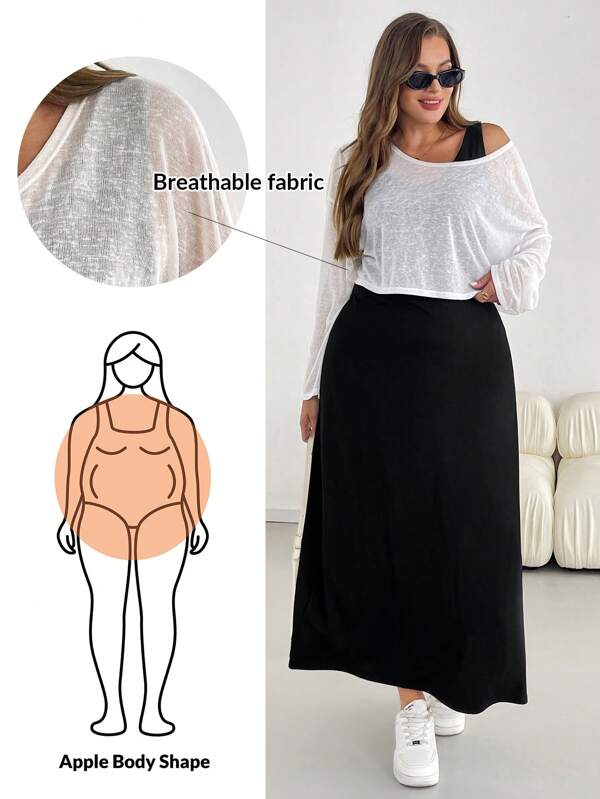 SHEIN Essnce Plus Size Women's Spring And Summer Fashion Casual Loose Comfortable Daily Breathable Light Sun Protection White Long-Sleeved Blouse And Black Vest Long Dress Two Pieces Set,Y2k Clothes,Street Wear,Matching Sets Women,Vacation Outfits Women,European Summer,Airport Outfits