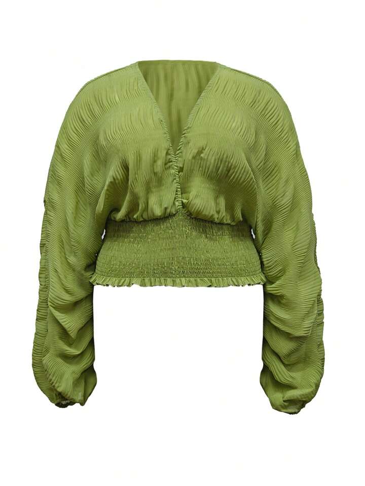 INAWLY 1pc Plus Size Women's Pleated Batwing Sleeve Casual Chiffon Blouse