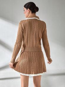 EURMUSE Brown Two Piece Set Women Top With Fold-Over Collar And Button Design + A-Line Silhouette Sweater With Intricate Cable Knitting Pattern,Winter Clothes - Camel - View 2