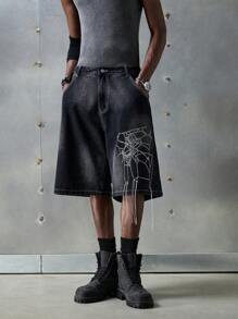 NEON BLANC Men's Streetwear Woven Spider Embroidered Denim Shorts - Black - View 2