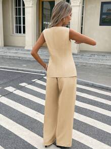 SHEIN Frenchy 2 件套女士简约通勤纯色前扣无袖上衣和长裤 - 卡其色 - 查看 2
