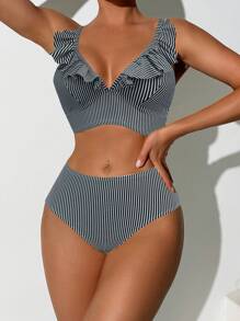 SHEIN Swim Women Striped Ruffled Sexy Bikini Set, Summer Beach Swimwear - Black and White - View 3