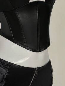 SHEIN ICON Y2k Going Out Summer Sexy Concert Burgundy PU Leather Halter Neck Women's Sexy Solid Backless Halter Tank Top, Summer - Black - View 6