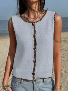 Jouncy Women's Casual Contrast Binding Button-Front Sleeveless Knit Top