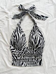 Soleia Damsemester Svart & Vit Zebramönstrad V-ringad Halterneck Knuten Rosett Smal Sexig Linne, Lämplig För Fest, Musikfestival, Hippie, Dejt, Strand - Multifärgad - Visa 6