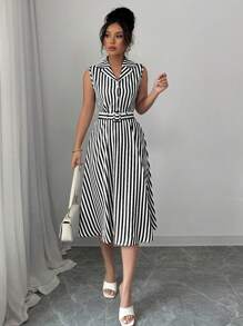 SHEIN PETITE Vestido de mujer elegante a media pierna sin mangas con cintura ceñida y rayas, para primavera/verano