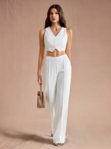 SHEIN Tall Pantalones casuales de cintura alta y pierna ancha unicolor