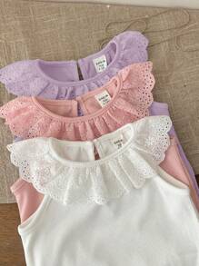 SHEIN LMoss Kids 3pcs/Set Newborn Baby Girl Summer Cute Knitted Ruffle Bodysuit - Multicolor - View 4