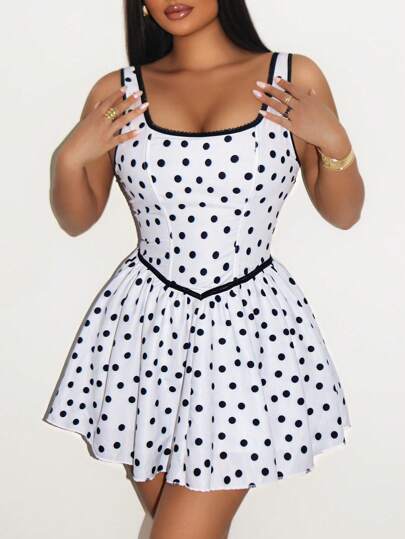 Sirith Spring Summer Elegant Sexy Polka Dot Printed Halter Women's Dresses