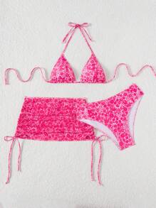 SHEIN Swim 3 件套女士性感豹纹露背三角比基尼上衣，网眼侧系带迷你裙泳衣