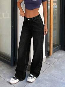 RueChic 100%纯棉低腰水洗细节阔腿牛仔裤 - 黑色 - 查看 9