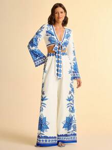 CAJUNI Women's Casual Retro Printed Blue And Beige Loose Wide-Leg Pants For Vacation - Multicolor - View 5