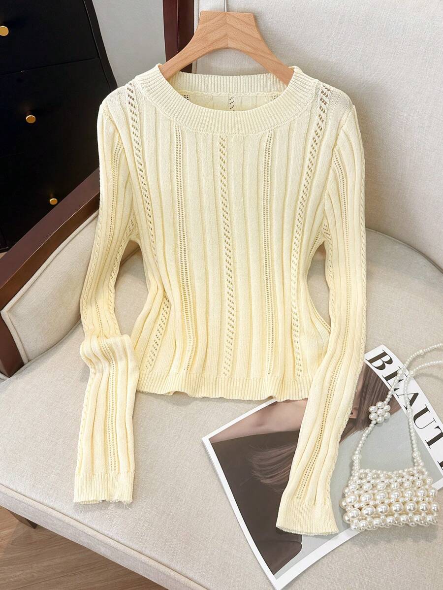 Franclia Hollow Out Long Sleeve Crewneck Knit Sweater, Lightweight Knit Pullover Fall Winter
