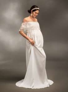 SHEIN 孕妇摄影蕾丝流苏装饰单肩长裙，洗礼派对 - 白色 - 查看 1