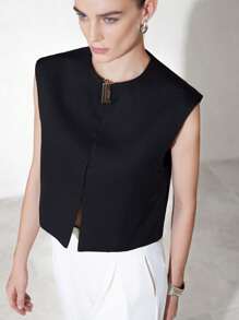 Aveloria Modichic 优雅职业通勤女士夹克，圆领，盖袖，方形金属扣设计，宽松版型，短款 - 黑色 - 查看 6