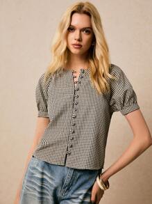 Poéselle 女士格子短袖衬衫，夏季时尚 - 黑與白 - 查看 7