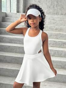 SHEIN Rochie sport tricotată albă cu spate deschis și pantaloni scurți pentru fete preadolescente, casual, sport, zilnic, versatil, modă
